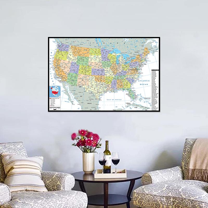 Английская карта Карта США Административная карта Холст Картина Гостиная Украшение дома Детские школьные принадлежности