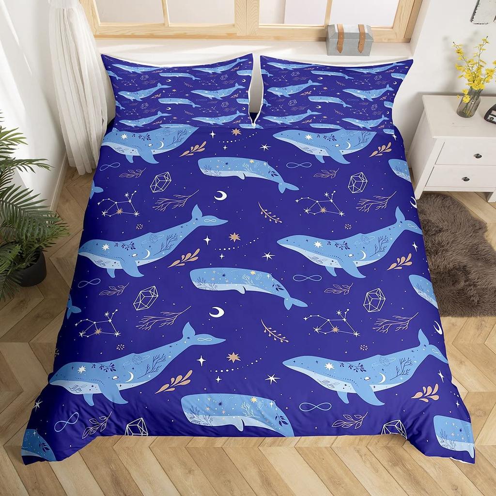 Cat Duvet Cover Set Watercolor Whale Fishing Bedding Set Ocean Sea Wave Comforter Cover Marine Nautical Themed Bedspread Cover