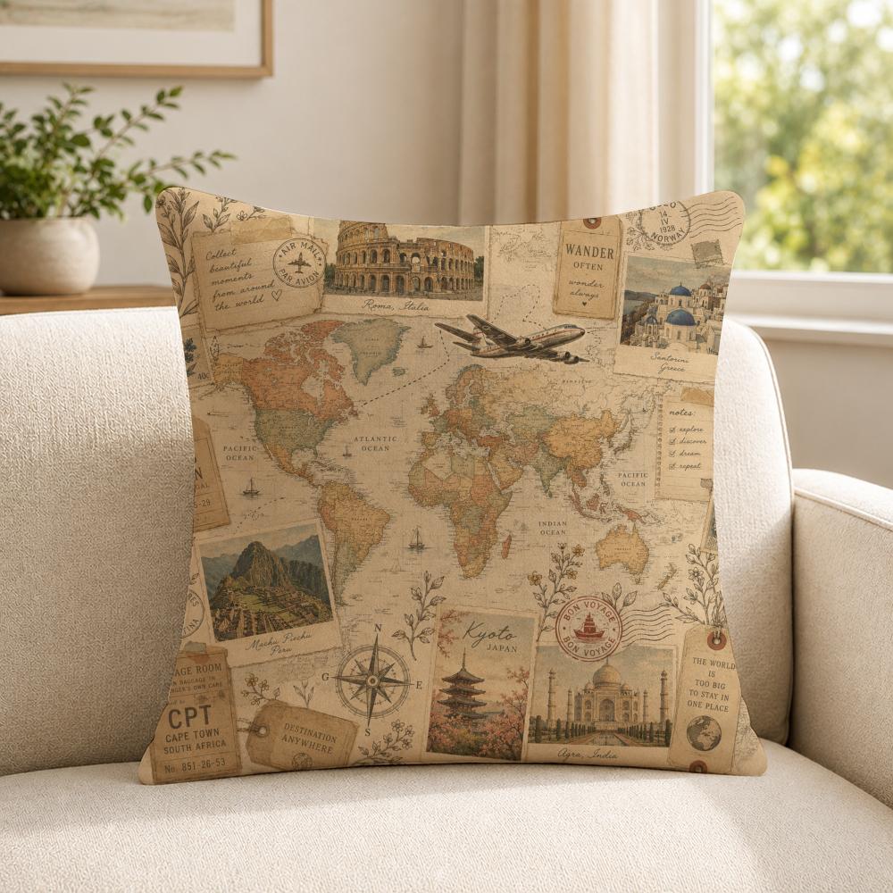 art vintage travel map collage Cushion Cover Soft Short Plush SkinFriendly Cushion Case for MultiScene Use