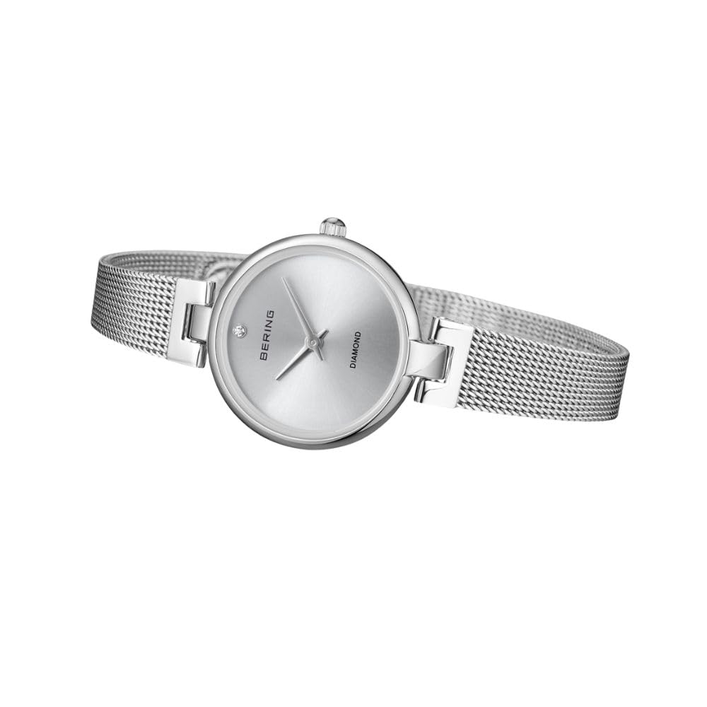 Imported in BERING Classic Diamond Sapphire 316L Surgical Stainless [Officially Japan] Women's Watch, Silver, Crystal, Scratch-Resistant Steel,