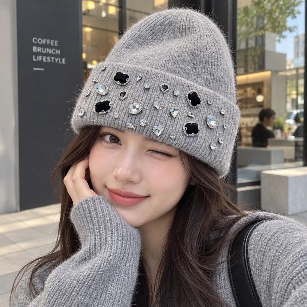 Solid Color Rhinestone Knitted Hat Versatile Windproof Cap Cute Warm Beanie Outdoor