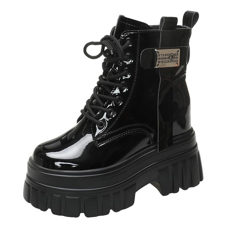 Зимние ботинки Мотоциклетные ботинки на высокой платформе Теплые женские ботинки на толстой подошве с танкеткой Новые осенние кожаные туфли для женщин