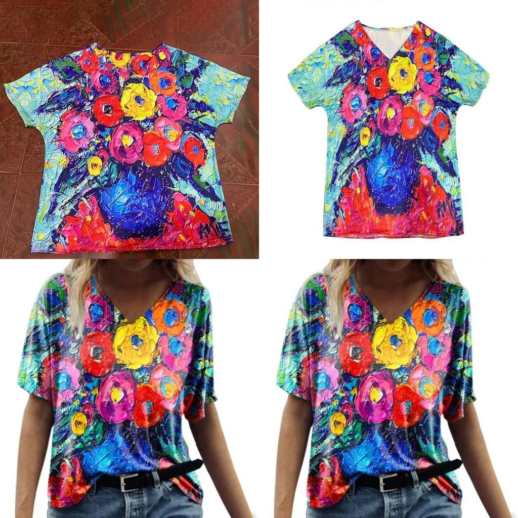 Summer Casual T Shirt With Floral Print And V Neck For Women