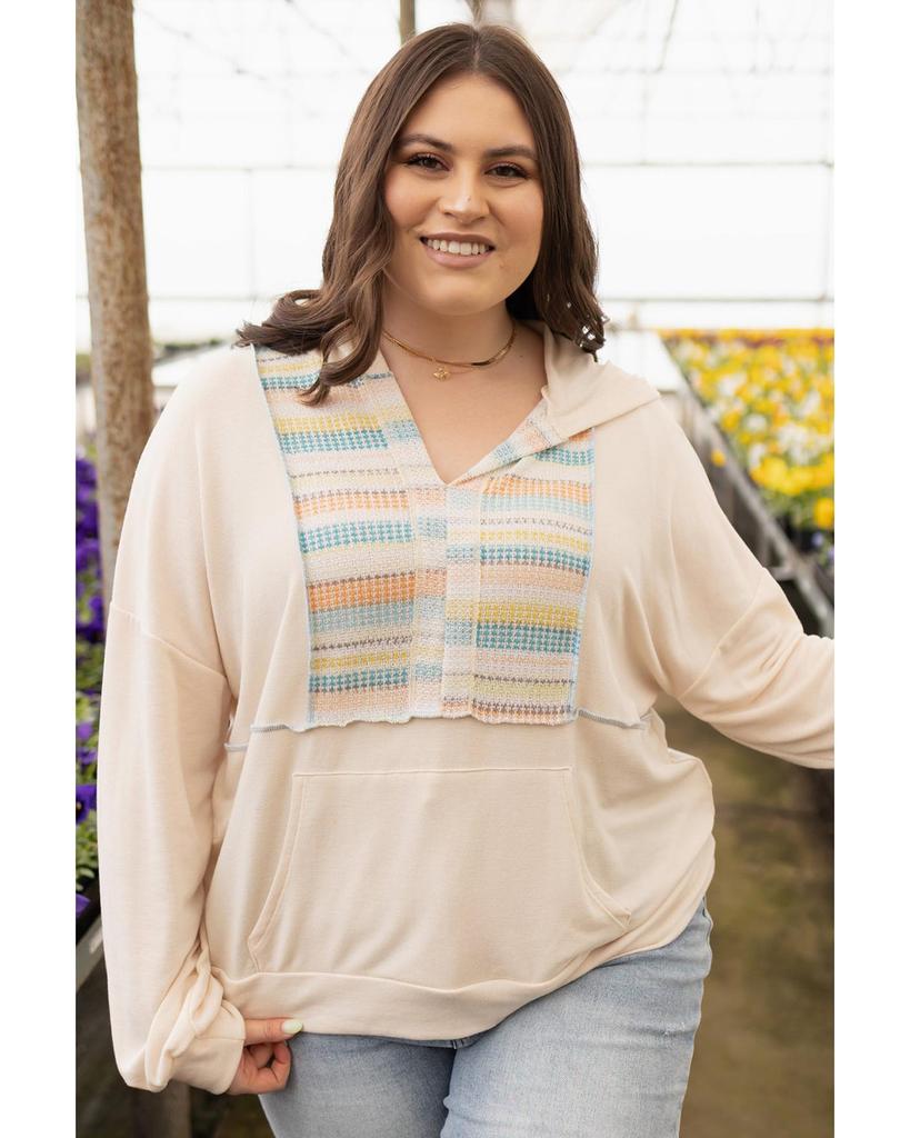 Azura Exchange Khaki Geometric Print Splicing Plus Size Hoodie