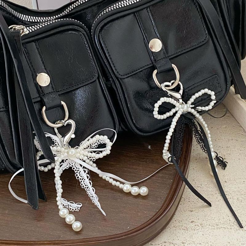 Y2K Милый кружевной брелок с искусственным жемчугом и бантом в стиле Ins, брелок с бантом, модный девичий держатель для ключей, подвеска для сумки, подарок для девочек