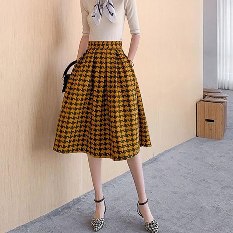 Женская шерстяная юбка в клетку, осенне-зимняя полуюбка, тонкая юбка трапециевидной формы с высокой талией и узором «гусиные лапки»