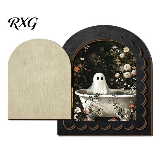 Decorative Halloween Fireplace Accent Cute Ghost Door Ornaments, Vintage Miniature Decoration, Retro Arched Tabletop Decor 3 Layer Openable