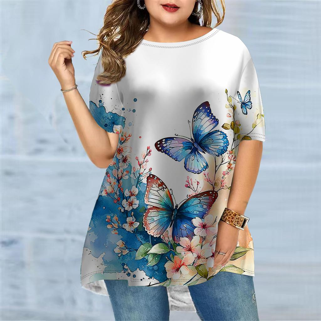 Женская летняя футболка с красным цветочным принтом больших размеров, удобная футболка с короткими рукавами и круглым вырезом, повседневная мешковатая футболка средней длины