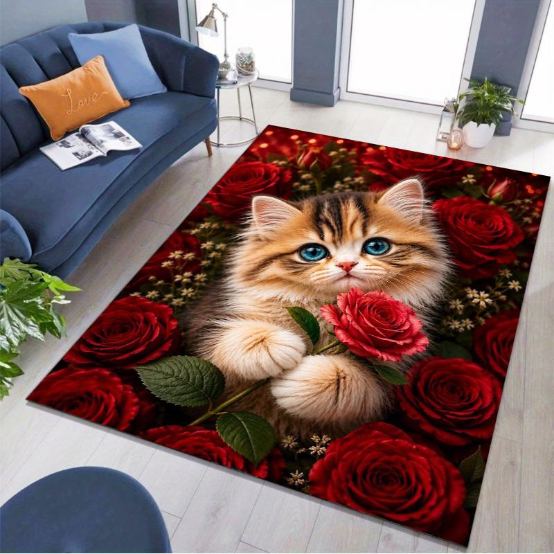 Cute Kitten Red Rose Floral Art Print Area Rug Animal Flower Theme Non‑Slip Rectangular Floor Mat Home Decor For Living Bedroom