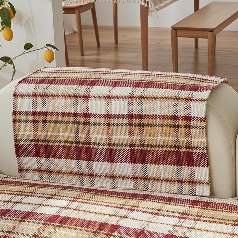 Cotton Linen Plaid Pattern Slipcovers for Living Room, Geometric Sofa Covers, Anti-Slip, Dustproof Couch Covers, Red and Beige