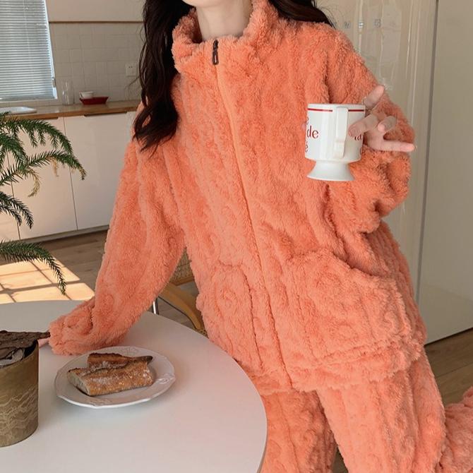 Уютный фланелевый пижамный комплект для женщин, повседневный топ с длинным рукавом и воротником-стойкой, брюки, однотонная вязаная одежда для сна, для взрослых, теплая домашняя одежда для осени/зимы