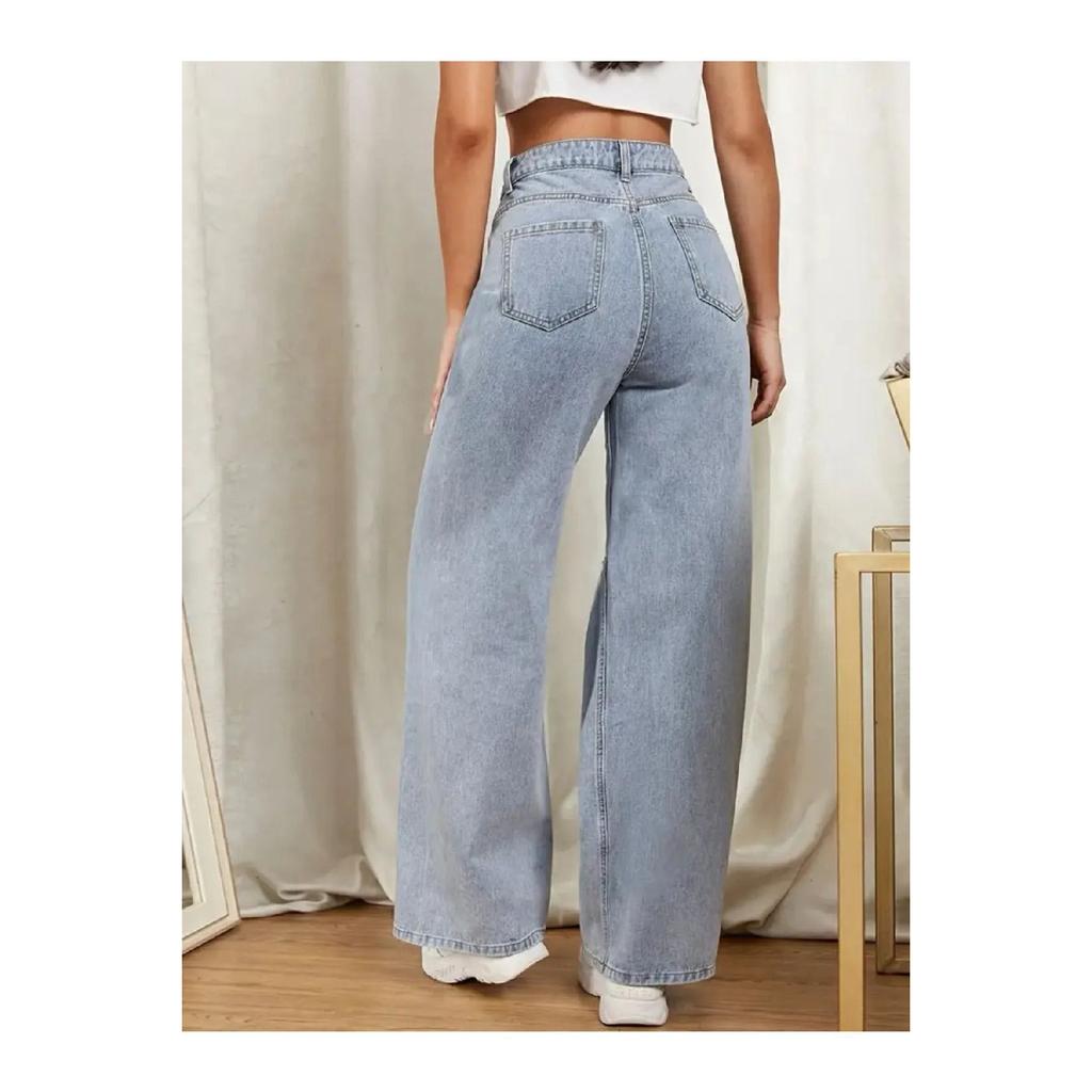 Women's Blue Snow Wash High Waist Five Pocket Wide Leg Loose Palazzo Jean Denim Trousers