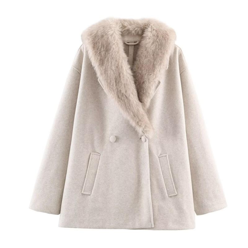 Womens Short Wool-Blend Coat With Faux Fur Collar Elegant Office Chic Winter Outerwear