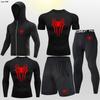 Mens Compression Fitness Set 5pcs Running Gym Workout Suit Long Sleeve Hooded Tight Sportswear Breathable Quick Dry