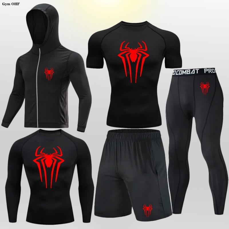 Mens Compression Fitness Set 5pcs Running Gym Workout Suit Long Sleeve Hooded Tight Sportswear Breathable Quick Dry