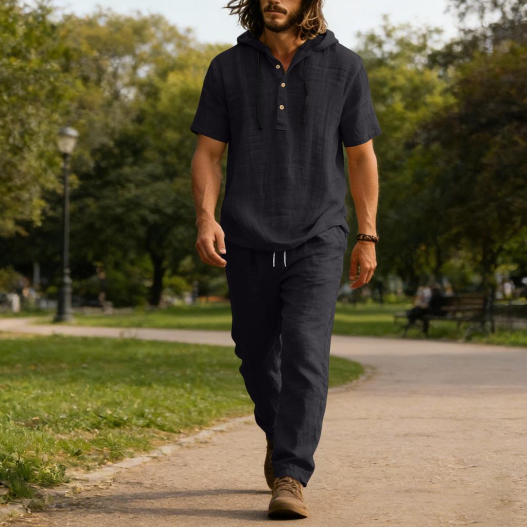 Мужской повседневный льняной комплект, Рубашка на пуговицах, Брюки с эластичным поясом и кулиской, Свободные, Удобный комплект из двух предметов