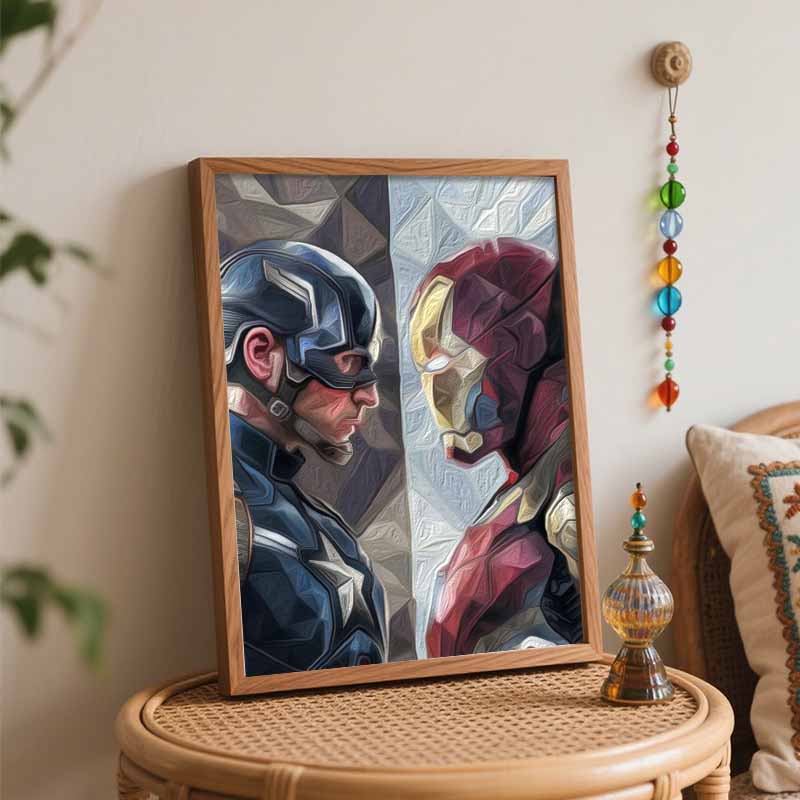 Disney Oil Painting DIY Digital Painting Captain America and Iron Man Geometric Heroes Wall Art for Living Room and Entryway.
