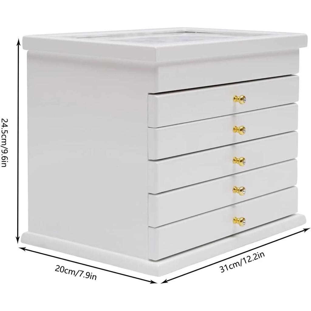 Деревянная шкатулка для украшений с 6 ярусами, белый органайзер для украшений для женщин, для ожерелий, серег, колец, заколки для волос