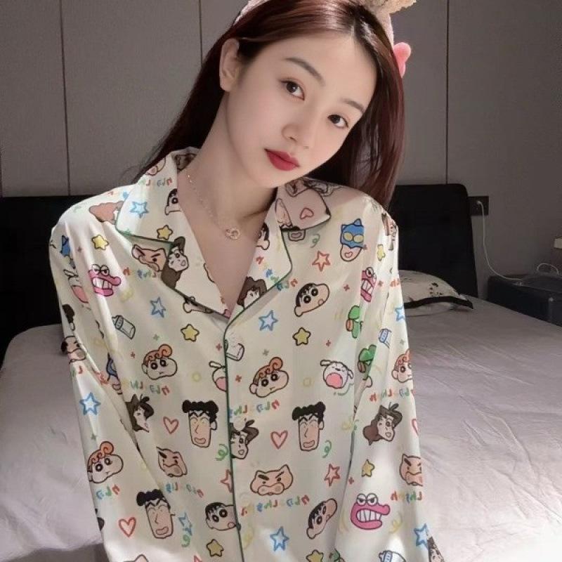 Crayon Xiaoxin pajamas women's imitation silk spring autumn and winter long-sleeved trousers simple high-end loungewear set