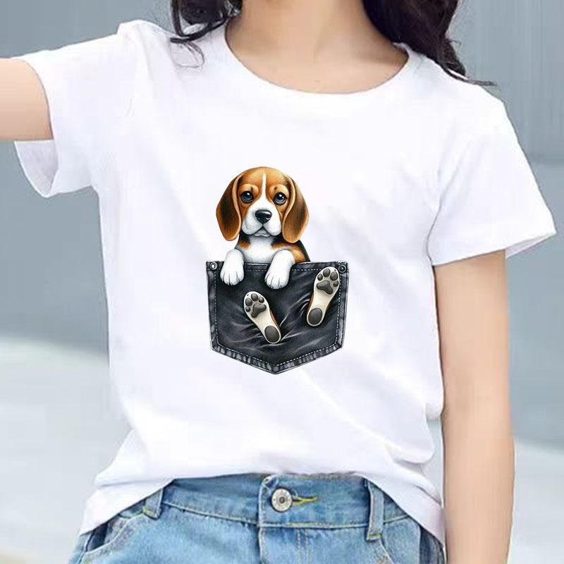Kids Cotton T Shirt Cute Pocket Beagle Puppy Dog Graphic Crew Neck Short Sleeve Tee Casual Breathable Boys Girls Summer Tops
