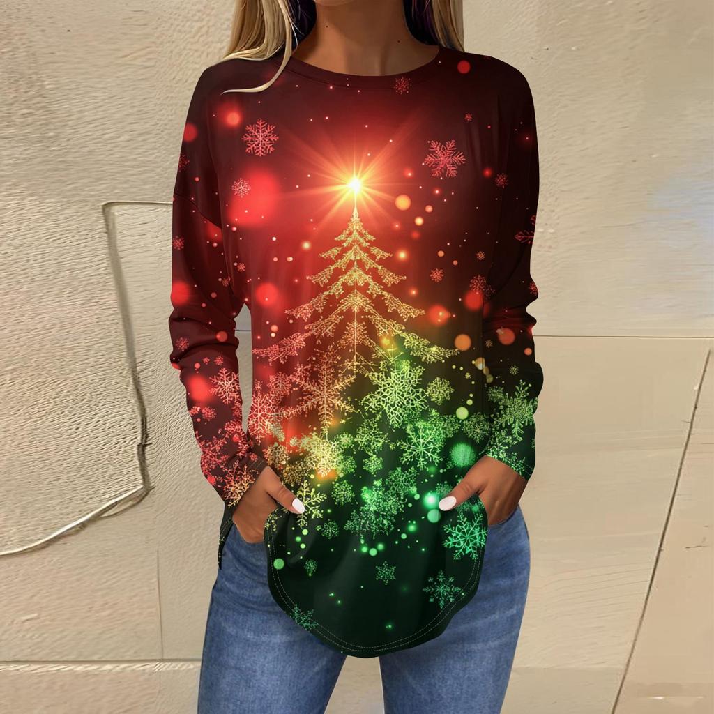 Женская свободная футболка с круглым вырезом и длинными рукавами с принтом в стиле ретро, пуловер на Рождество