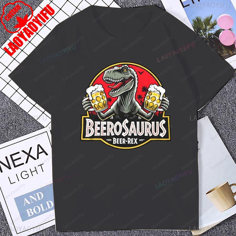Рубашка с дизайном BeeroSaurus Fun Beer Rex Dinosaur 80-е 90-е Винтажный стиль Уникальная мужская футболка для любителей пива Летняя повседневная женская футболка