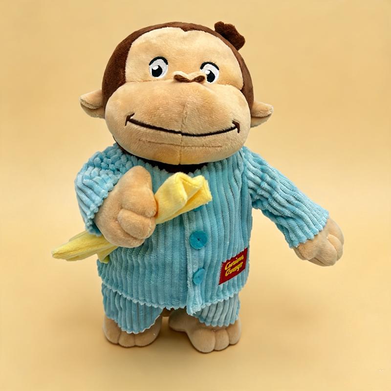 New Cute Curious George Monkey Plush Toy in Pajamas Cute Monkey Stuffed Doll with Banana Soft Animal Plushie Home Sofa Decor Gift for Kid Cartoon Fans