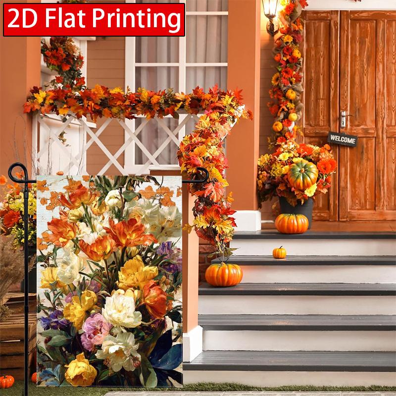 2D Flat, 2D Flat Autumn Flowers Thanksgiving Garden Flag_1-28x40 Inch Outdoor Garden Flag Double-sided Home Decoration Courtyard Decoration Outdoor De