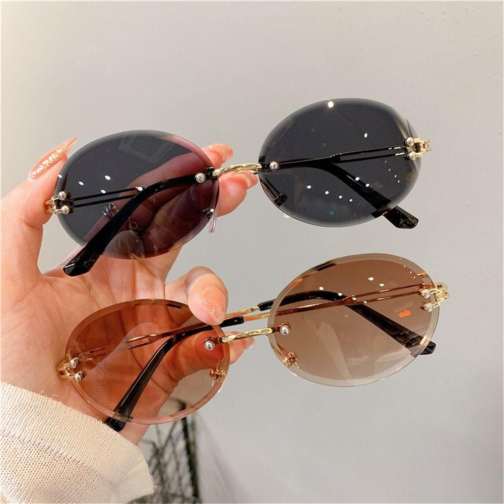 Rimless Oval Sunglasses Vintage Metal Punk Sun Glasses Trendy Frameless Shades Uv400 Protection Gradient Lens Glasses
