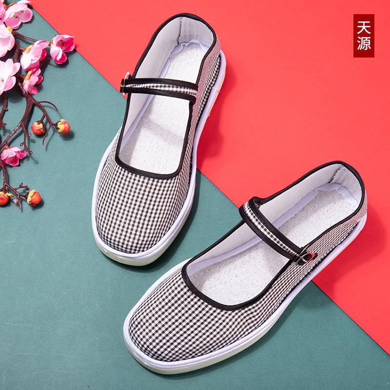 2025 Ручной работы хлопковая ткань женские клетчатые тканевые туфли с цветами ретро литературные с мелким вырезом танцевальные на плоской подошве для работы черные туфли