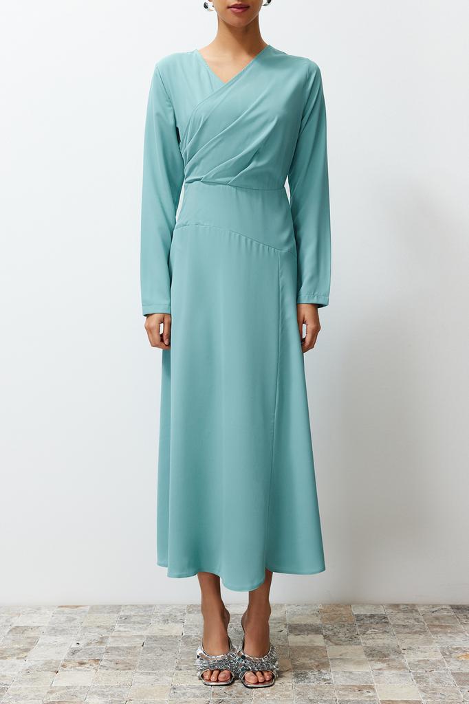 Женская мода новое вечернее платье в хиджабе цвета хаки двубортное тканое атласное вечернее платье с воротником