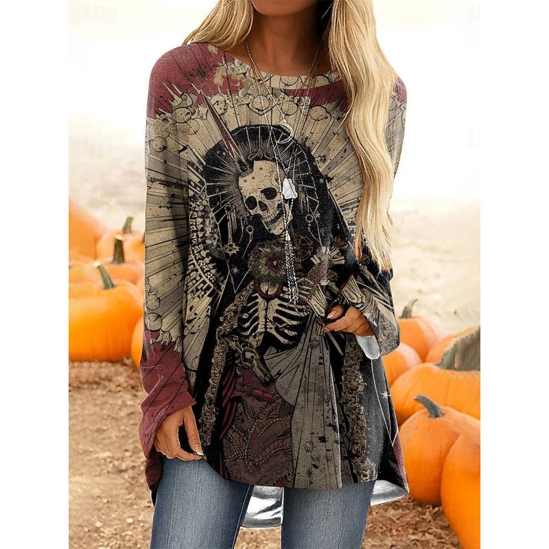 Женская футболка с принтом в виде черепа, V-образным вырезом и длинными рукавами, модный повседневный топ, худи, одежда