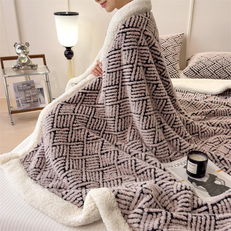 Soft Plush Double-Layer Blanket With Jacquard Winter Warmth Office Nap Bed Use