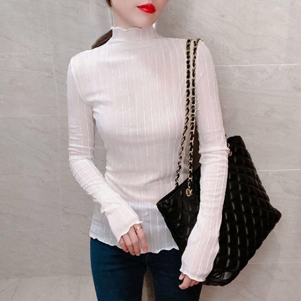 Женская шелковая рубашка с люрексом, высоким воротником и рюшами, с длинным рукавом - Элегантный полосатый базовый слой для осени/зимы