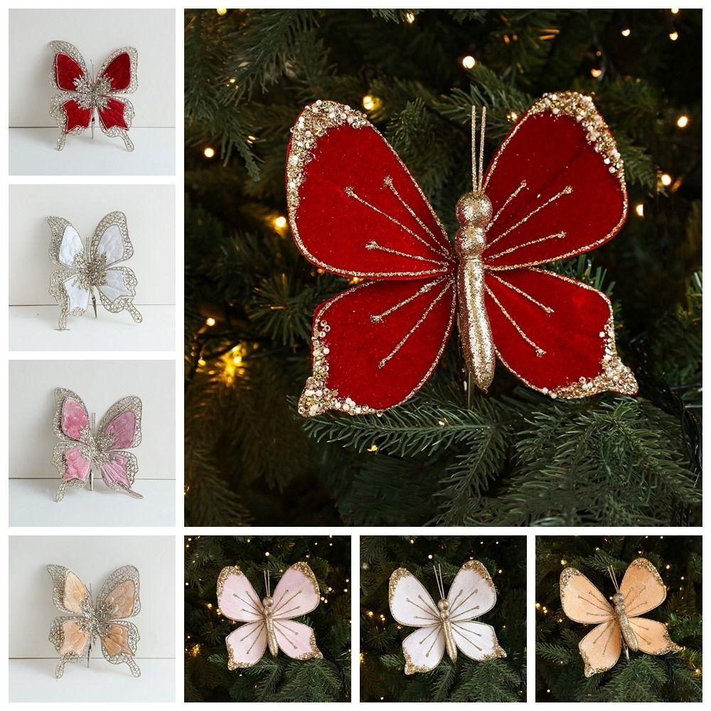 Sparkling Christmas Butterfly Pendant with Clip Glitter Holiday Decor Multicolor Flannel Xmas Tree Hanging Ornaments