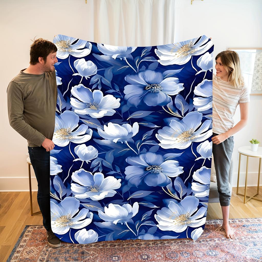 Large Blue and White Floral Flannel Blanket - Soft, cozy, all-season home decor with an elegant floral pattern, perfect for naps