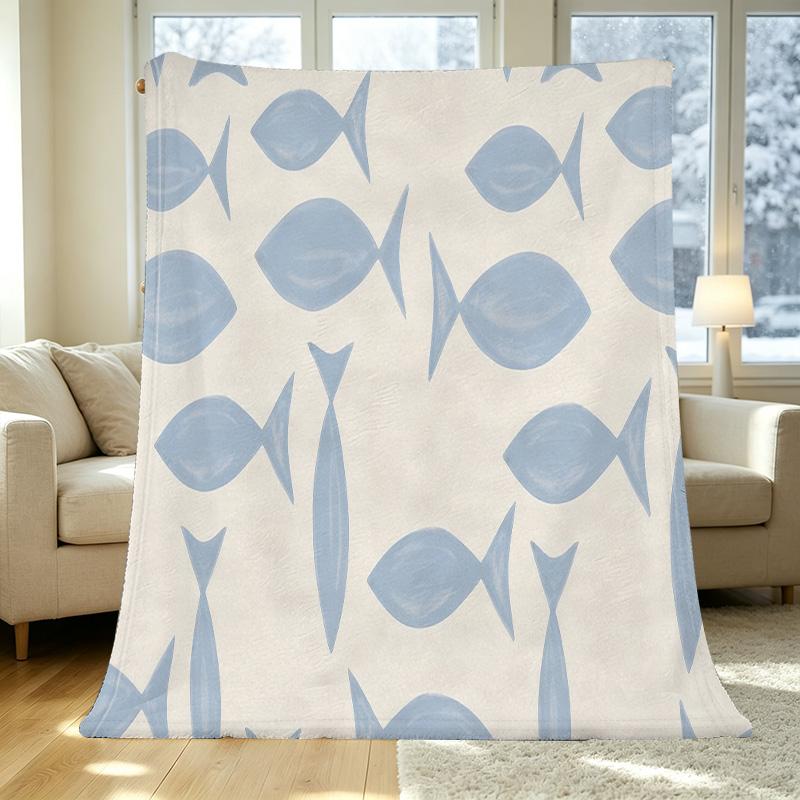 Plush Flannel Throw Blanket with Blue Fish Design – Soft Warm Fleece, Machine Washable, Ideal for Home, Office Naps, Christmas & Halloween Gifts