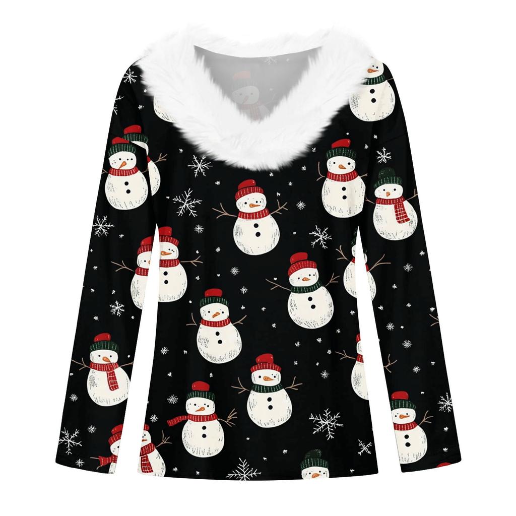 Женская футболка, рождественская рубашка с длинным рукавом, вечерние, рождественский флисовый воротник, топ с v-образным вырезом