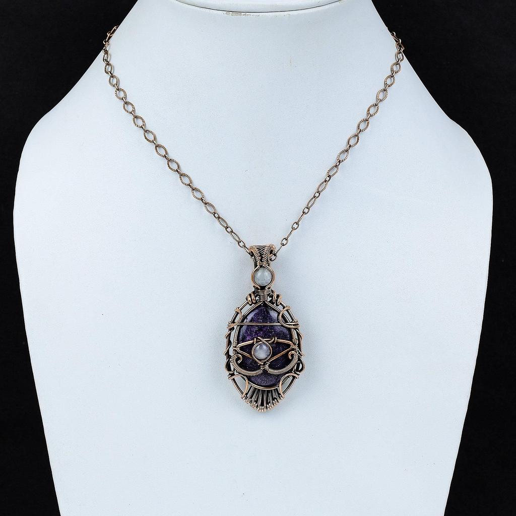 Подвеска Кулон от Сглаза из Пурпурита, обернутый медной проволокой, Подвеска с Лунным камнем, Подвеска ручной работы, Медные украшения, Совершенно новая подвеска для подарка