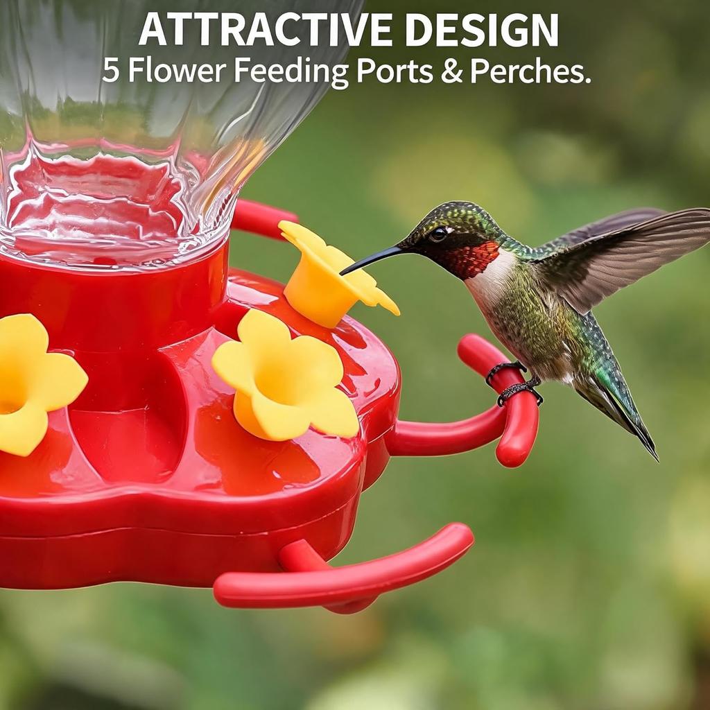 Hummingbird Feeder 8 Oz Red Acrylic Pumpkin Nectar Feeder   5 Flower Ports with Perches  Built in Ant Moat and Bee Guard   for Yard Garden Backyard