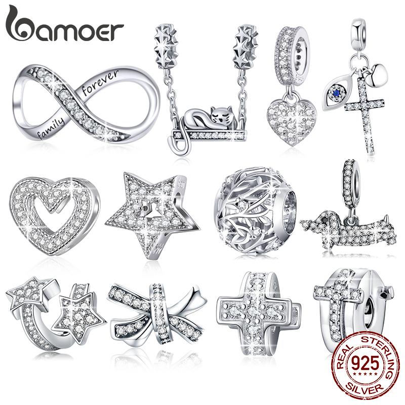 BAMOER Серебро 925 Прозрачный Кристалл 5A Коллекция Семейное Сердце Крест Шарм-бусины подходят для Браслета-цепочки и Подвески на Шею