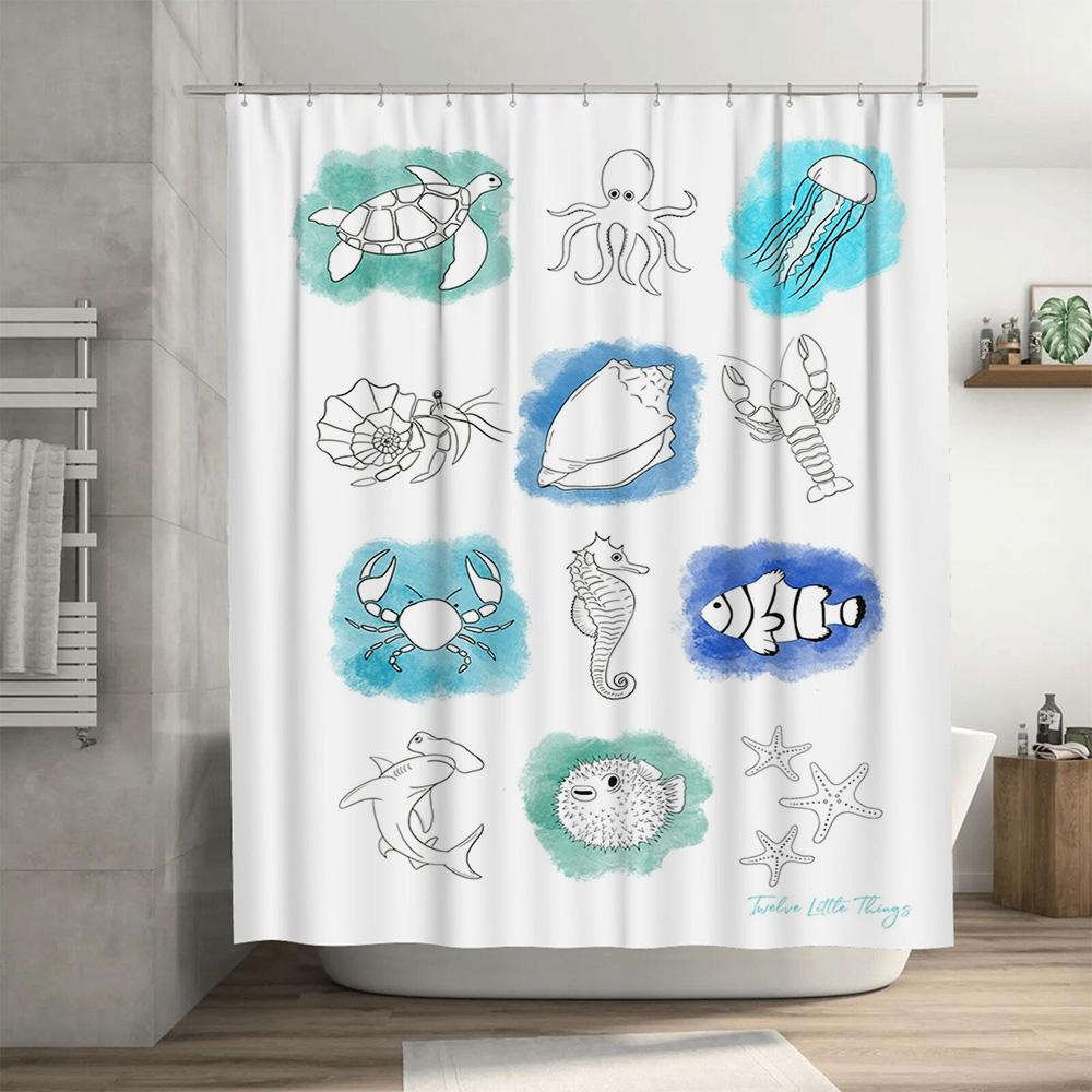 Ocean Animal Printed Shower Curtain Set Waterproof Home Decor Bathroom Accessories