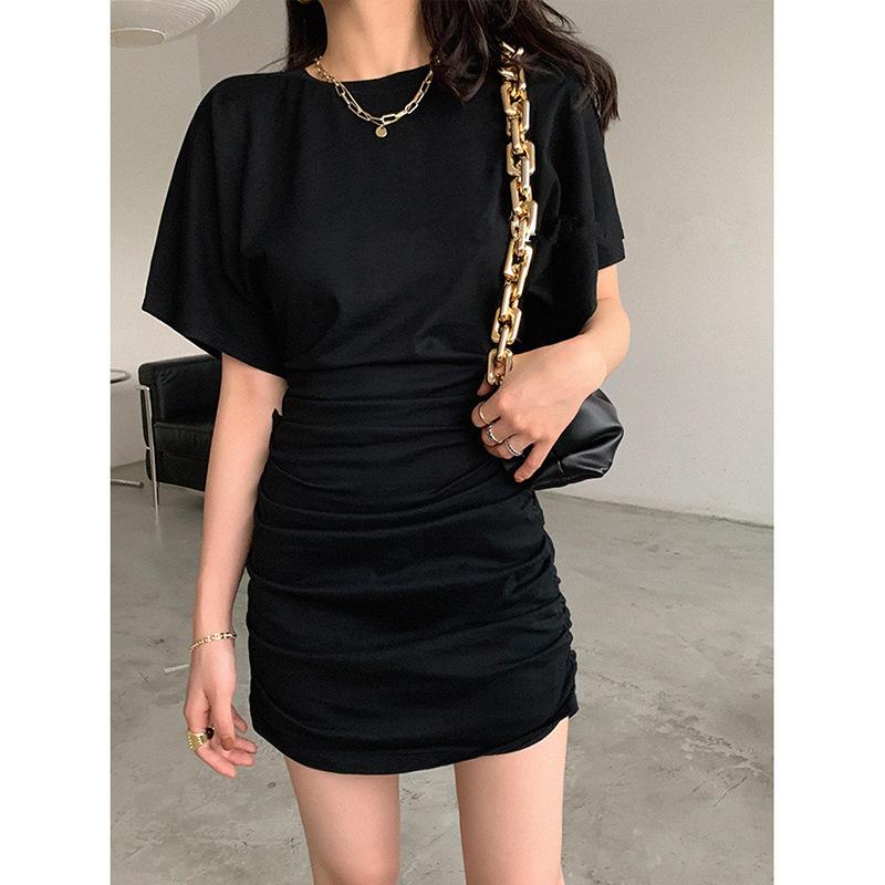 Women's Pleated Package Hip Short-sleeved Dress Summer Sexy Waist Thin Tight Temperament Girl Bodycon Dress