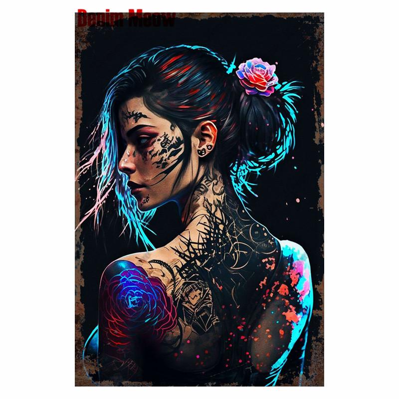 Студия винтажной татуировки, металлическая жестяная вывеска, красивая девушка, металлическая табличка, татуировка красивая девушка, ретро-декор стен, декор комнаты, WY36