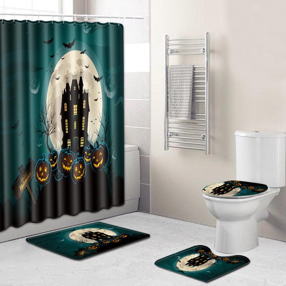Halloween Shower Curtain Floor Mat Combination Four-Piece Set Bathroom Toilet Carpet Shower Room Foot Mat