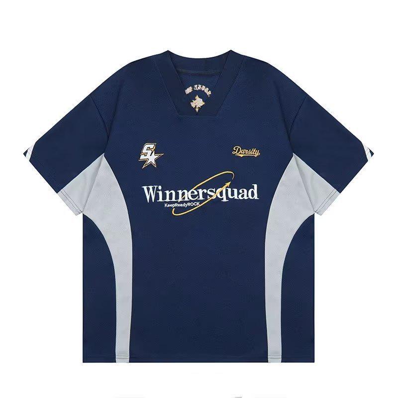 Футболка свободного кроя из джерси с V-образным вырезом и вышивкой в стиле ретро унисекс, короткий рукав, повседневный тренд