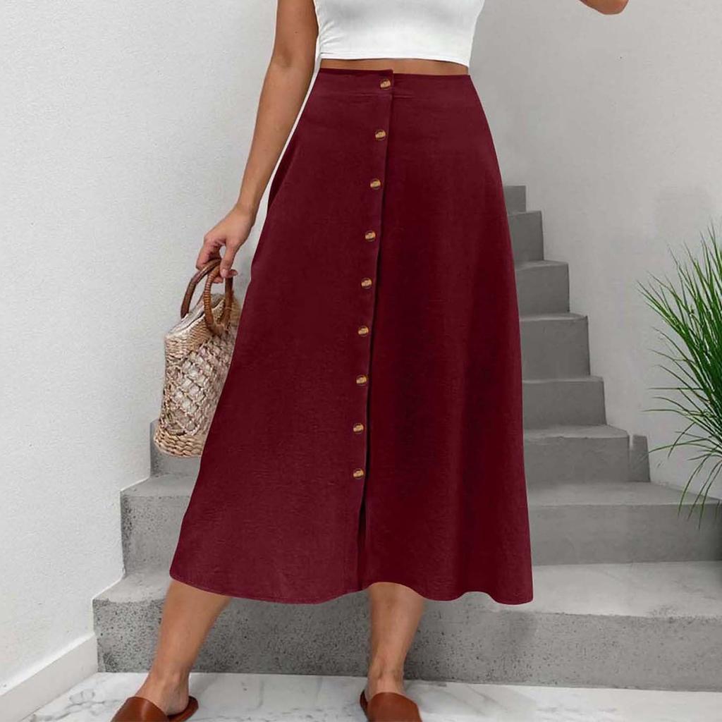 Women's Half Length Skirt With Front Button, Summer Casual Elastic Waist, Pocket A-line Half Length Skirt