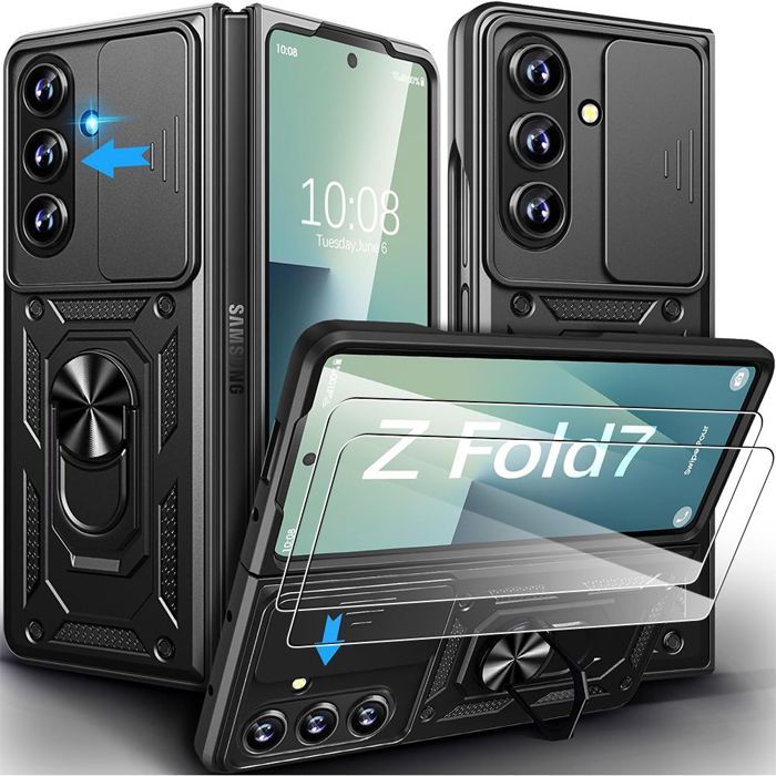 Coque de protection - BOOLING - pour Samsung Galaxy Z Fold 7 - Noir - Anneau rotatif - 2 Verres Trempés