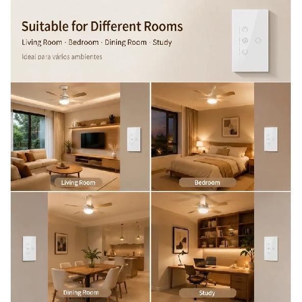 Tuya WiFi Bluetooth Smart Fan Light Switch US Standard Wall Touch Switch APP Remote Voice Timer Speed Control Alexa Google