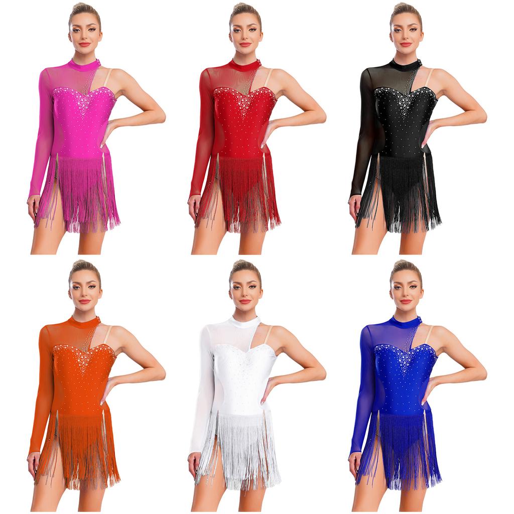 Женский костюм для латиноамериканских танцев и танго, прозрачная сетка, пэчворк, вырез на спине, блестящие стразы, асимметричное платье с бахромой